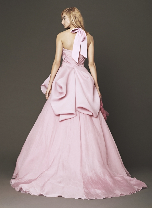 Vera Wang - Fall 2014 Bridal Collection - Wedding Dress Look 4
<br><br>
Petal strapless silk gazaar ball gown with hand draped bodice accented by exposed corset neckline and peony organic pleated flower.

<br><br>